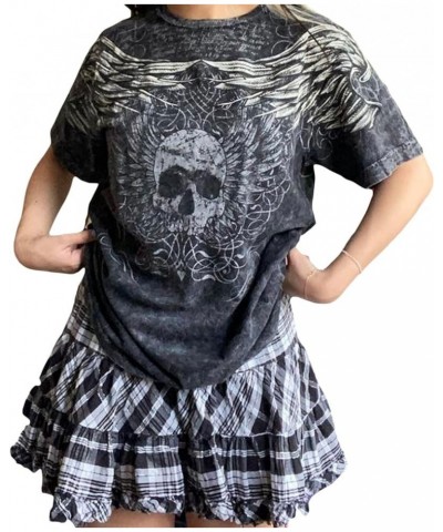 Women Y2K Harajuku Grunge T-Shirt Skull Graphic Short Sleeve Top Halloween Oversized Baggy Pullover Aesthetic Tee E Black Gre...