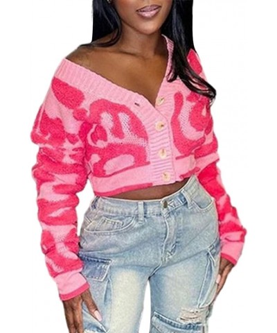 Fashion Women's Cropped Cardigan Long Sleeve Leopard Colorblock Button Down Knit Crop Sweater Tops Pink $19.59 Sweaters