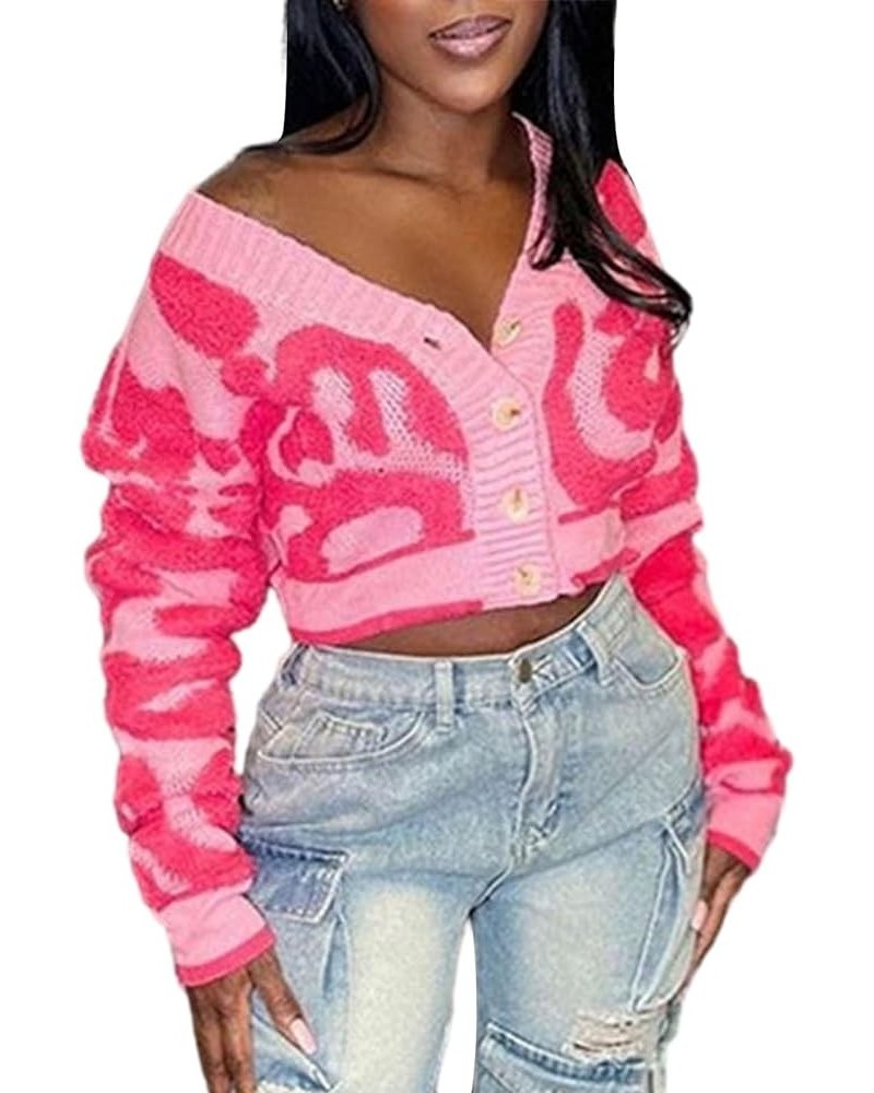 Fashion Women's Cropped Cardigan Long Sleeve Leopard Colorblock Button Down Knit Crop Sweater Tops Pink $19.59 Sweaters