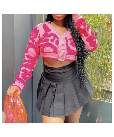 Fashion Women's Cropped Cardigan Long Sleeve Leopard Colorblock Button Down Knit Crop Sweater Tops Pink $19.59 Sweaters