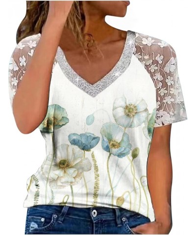 Lace Floral Short Sleeve Tops for Women Summer Boho Print Tshirts Patchwork V Neck Short Sleeve Blouses Tunics Tops 06 Green ...