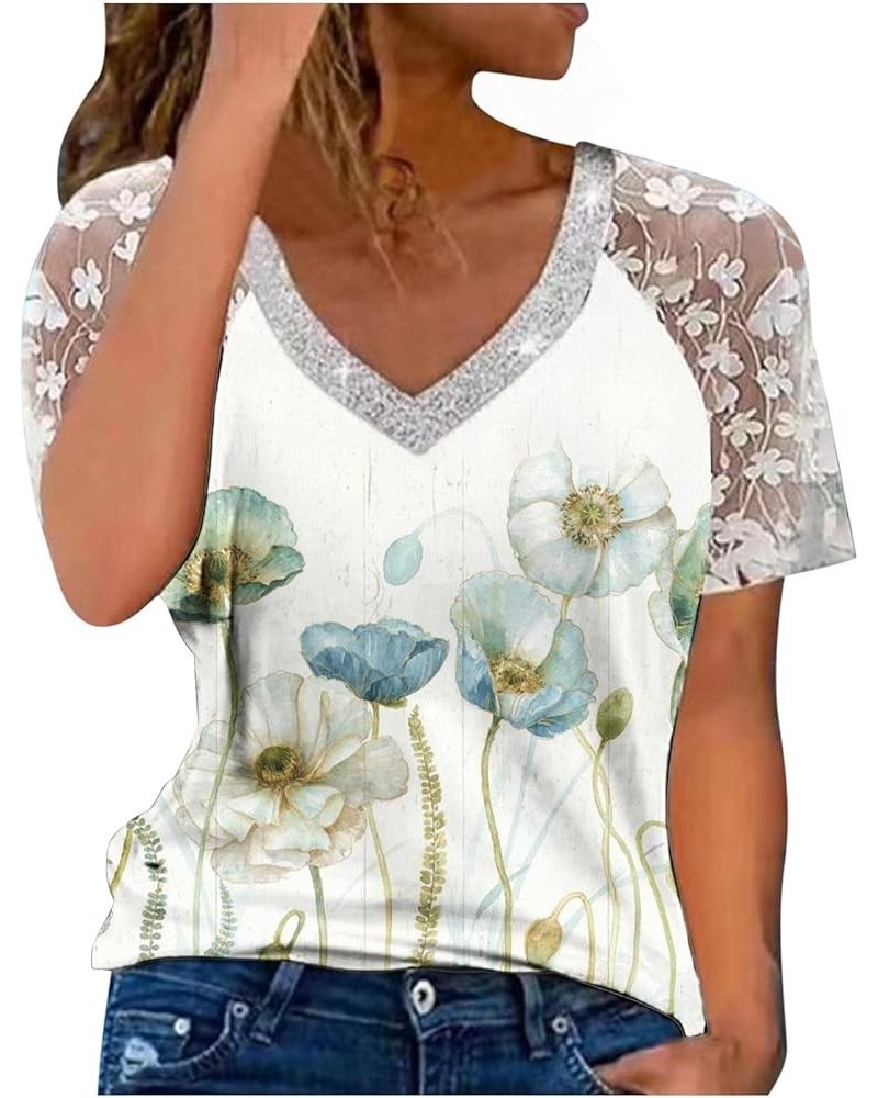 Lace Floral Short Sleeve Tops for Women Summer Boho Print Tshirts Patchwork V Neck Short Sleeve Blouses Tunics Tops 06 Green ...