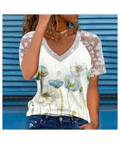 Lace Floral Short Sleeve Tops for Women Summer Boho Print Tshirts Patchwork V Neck Short Sleeve Blouses Tunics Tops 06 Green ...