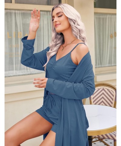 Women Pajamas Set 3 Piece Lounge Sets with Open Front Cardigan Pocketed Cami and Shorts Pjs Belted Robe Set Dark Blue $23.93 ...