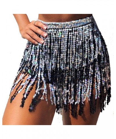 Women Boho Beach Sequin Tassel Mini Skirts Music Festival Party Club Hip Scarf Belt Wrap Skirt Black&silver $11.52 Skirts