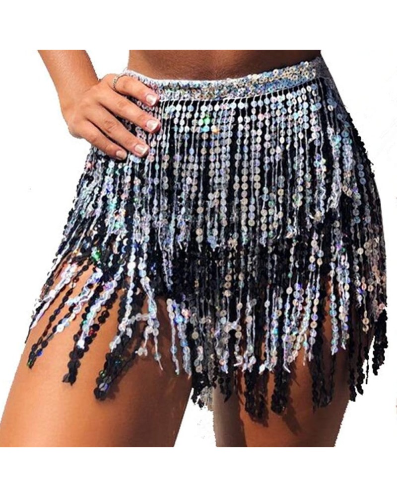 Women Boho Beach Sequin Tassel Mini Skirts Music Festival Party Club Hip Scarf Belt Wrap Skirt Black&silver $11.52 Skirts