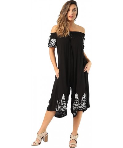 Womens Off Shoulder Embroidered Jumpsuit Romper Black $12.74 Rompers