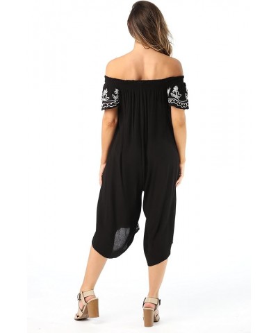 Womens Off Shoulder Embroidered Jumpsuit Romper Black $12.74 Rompers