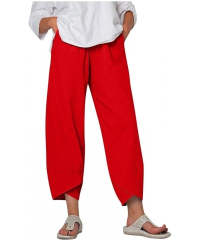 Womens Linen Wide Leg Pants Elastic High Waist Palazzo Pants Business Casual Loose Trousers with Pocket A16 Red-01 $15.68 Pants