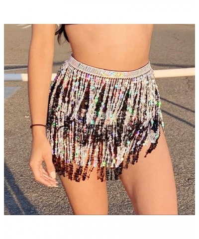 Women Boho Beach Sequin Tassel Mini Skirts Music Festival Party Club Hip Scarf Belt Wrap Skirt Black&silver $11.52 Skirts