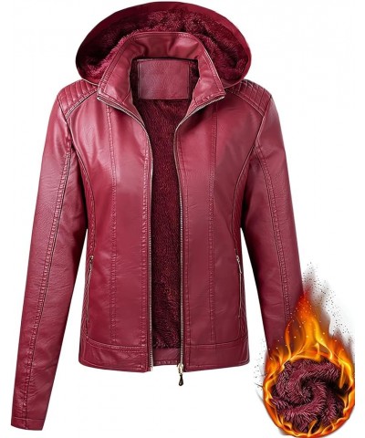 Women's Faux Leather Jacket Casual Warm Winter Coat Removable Hood Red $31.96 Coats