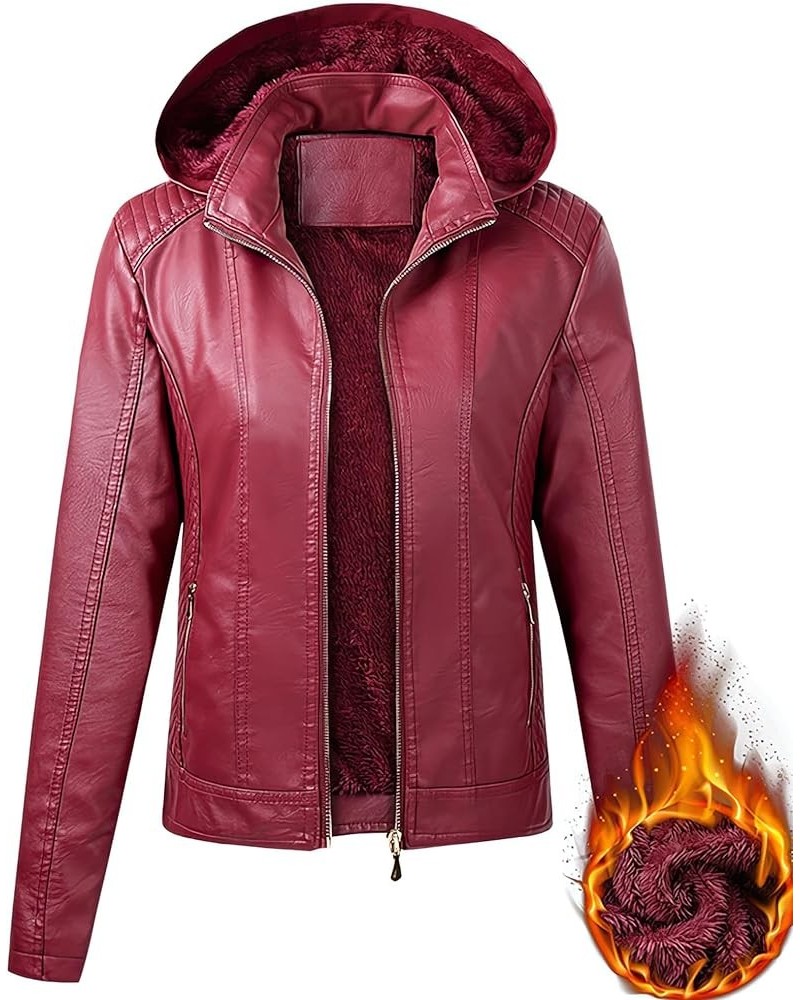 Women's Faux Leather Jacket Casual Warm Winter Coat Removable Hood Red $31.96 Coats