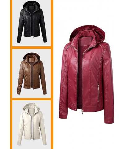 Women's Faux Leather Jacket Casual Warm Winter Coat Removable Hood Red $31.96 Coats