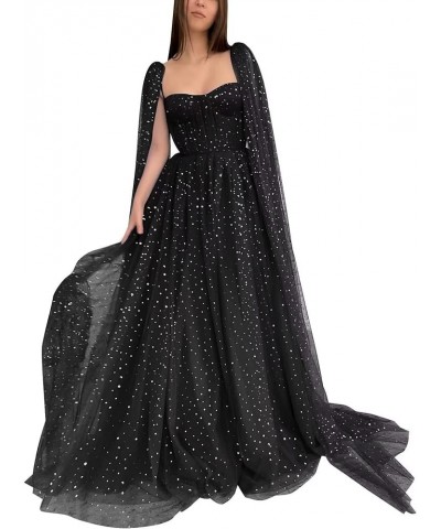 Sparkle Tulle Prom Dresses Cape Sleeve Starry Formal Evening Party Gowns Long Black Gold Star-sweetheart $40.50 Dresses