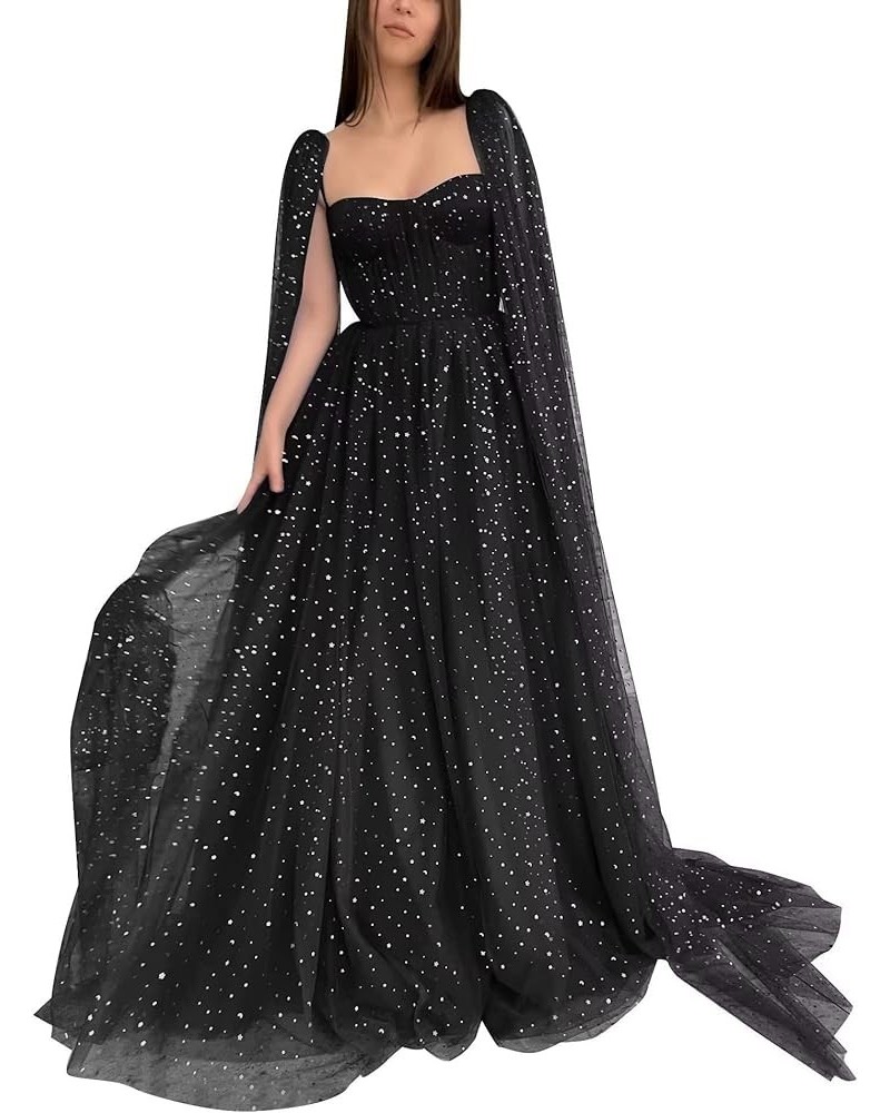 Sparkle Tulle Prom Dresses Cape Sleeve Starry Formal Evening Party Gowns Long Black Gold Star-sweetheart $40.50 Dresses