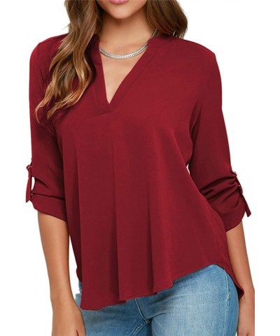 Women's Roll Up Sleeve Fashion V Neck Casual Chiffon Blouses Solid Tops and Blouses Wine Red $13.74 Blouses