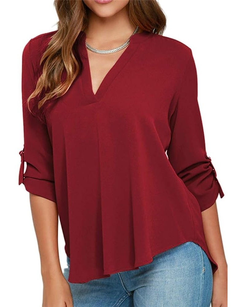 Women's Roll Up Sleeve Fashion V Neck Casual Chiffon Blouses Solid Tops and Blouses Wine Red $13.74 Blouses