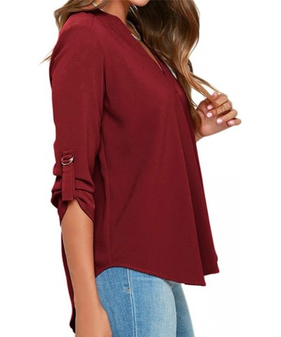 Women's Roll Up Sleeve Fashion V Neck Casual Chiffon Blouses Solid Tops and Blouses Wine Red $13.74 Blouses