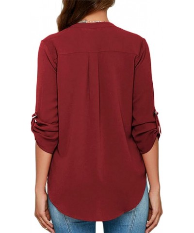 Women's Roll Up Sleeve Fashion V Neck Casual Chiffon Blouses Solid Tops and Blouses Wine Red $13.74 Blouses