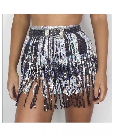 Women Boho Beach Sequin Tassel Mini Skirts Music Festival Party Club Hip Scarf Belt Wrap Skirt Black&silver $11.52 Skirts