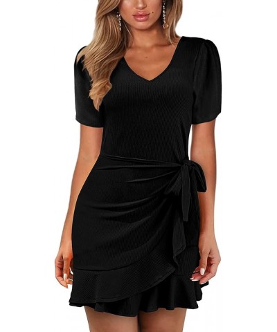 Womens Summer Wrap Dresses V Neck Short Ruched Sleeve Front Tie Ruffle Hem Bodycon Mini Dress 01 Black $10.50 Dresses