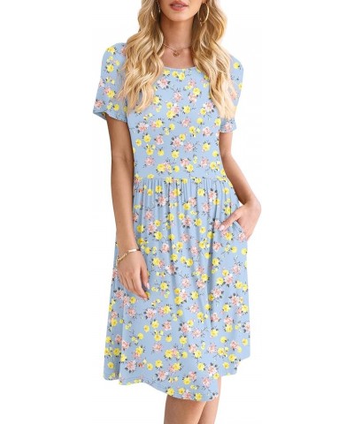 Women Casual Short Sleeve Dresses Empire Waist Knee Length Dress with Pockets Crewneck Light Green Floral $19.19 Dresses