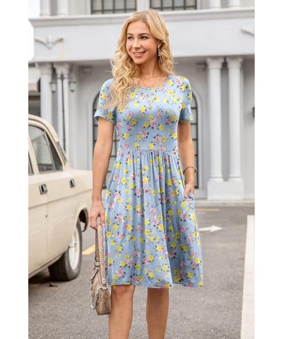 Women Casual Short Sleeve Dresses Empire Waist Knee Length Dress with Pockets Crewneck Light Green Floral $19.19 Dresses