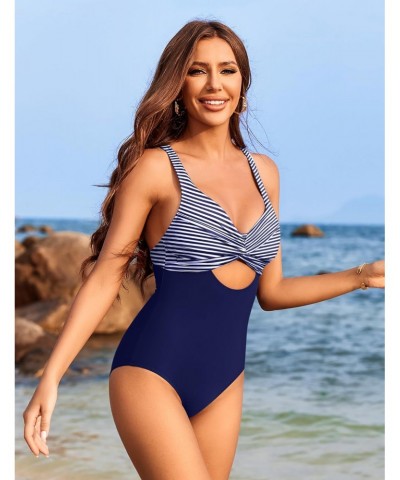 Womens One Piece Bathing Suit Tummy Control Twist Front Swimwear Cutout Lace Up Back Swimsuits Blue Stripe $10.50 Swimsuits