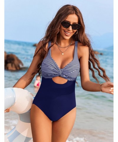 Womens One Piece Bathing Suit Tummy Control Twist Front Swimwear Cutout Lace Up Back Swimsuits Blue Stripe $10.50 Swimsuits