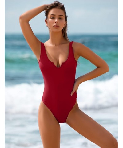 One Piece Swimsuits for Women Cheeky High Cut Tummy Control Bathing Suits Low Back V Neck Swimwear Wine Red Swimsuit $18.23 S...