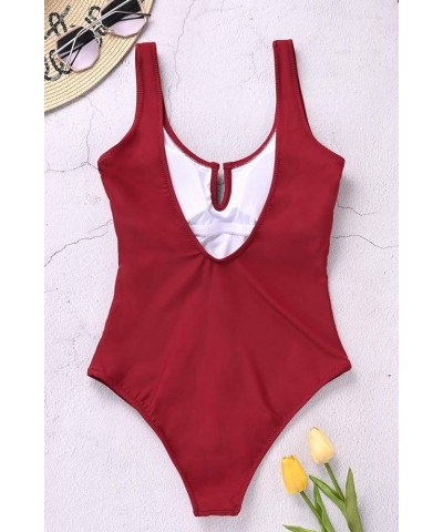 One Piece Swimsuits for Women Cheeky High Cut Tummy Control Bathing Suits Low Back V Neck Swimwear Wine Red Swimsuit $18.23 S...