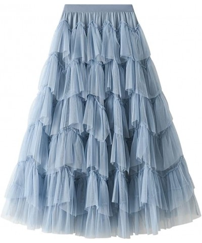 Womens Elastic High Waist Tutu Tulle Tiered Skirt Sweet Layered Ruffles Mesh Midi Fairy Skirts with Lined D-blue $17.06 Skirts