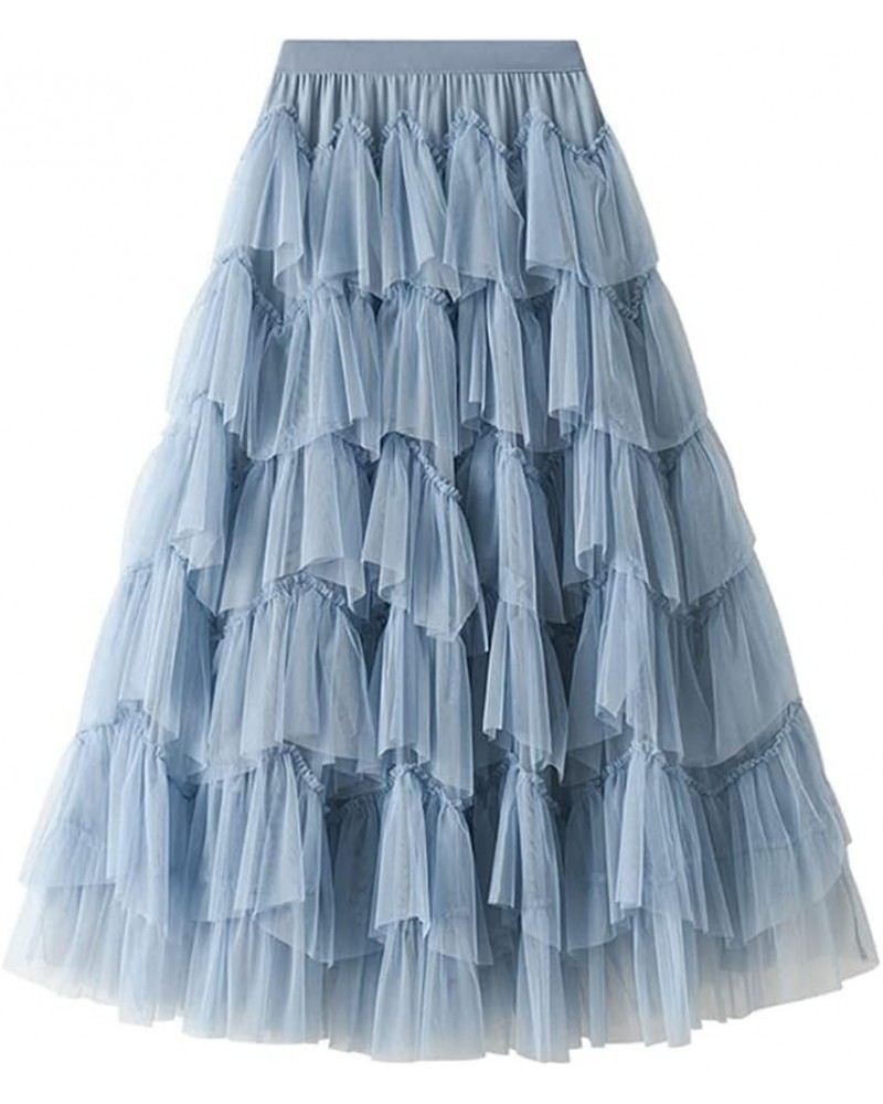 Womens Elastic High Waist Tutu Tulle Tiered Skirt Sweet Layered Ruffles Mesh Midi Fairy Skirts with Lined D-blue $17.06 Skirts