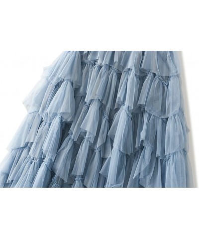 Womens Elastic High Waist Tutu Tulle Tiered Skirt Sweet Layered Ruffles Mesh Midi Fairy Skirts with Lined D-blue $17.06 Skirts