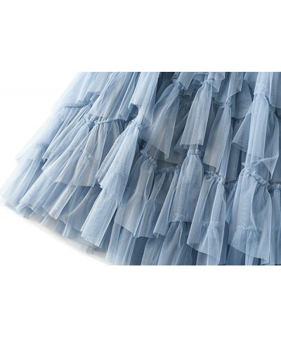 Womens Elastic High Waist Tutu Tulle Tiered Skirt Sweet Layered Ruffles Mesh Midi Fairy Skirts with Lined D-blue $17.06 Skirts