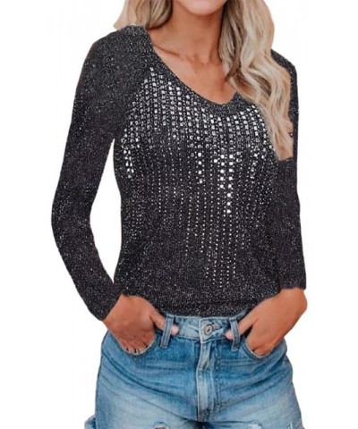 Autumn and Winter Sweater Slim Long Sleeve Nightclub Sequins Knit V-Neck Top for Women (Color : Black, Size : S) XX-Large Bla...