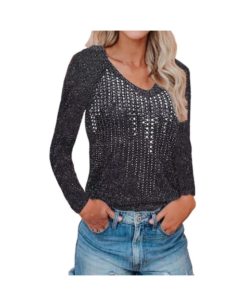 Autumn and Winter Sweater Slim Long Sleeve Nightclub Sequins Knit V-Neck Top for Women (Color : Black, Size : S) XX-Large Bla...