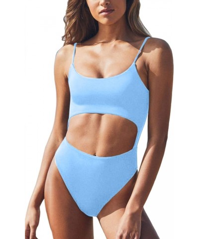 Womens Scoop Neck Cut Out Front Lace Up Back High Cut Monokini One Piece Swimsuit Light Blue $15.23 Swimsuits