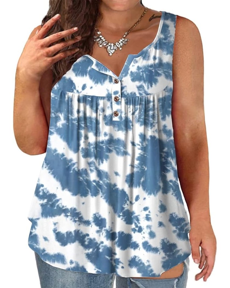 Womens-Plus-Size-Tank-Tops Summer Sleeveless Henley Shirts Buttons Up Tunics Flowy Pleated Blouses 21-tie Dye_009 $10.50 Tanks