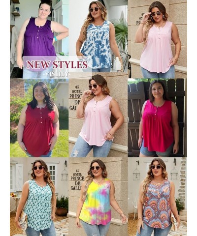 Womens-Plus-Size-Tank-Tops Summer Sleeveless Henley Shirts Buttons Up Tunics Flowy Pleated Blouses 21-tie Dye_009 $10.50 Tanks