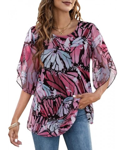 Womens Ruffle 3/4 Sleeve Tops Mesh Blouses Flowy Shirts Casual Tunic Pink Floral $12.04 Blouses