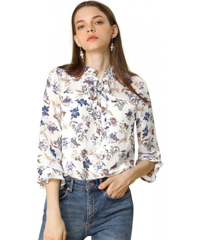 Women's Ruffle Collar 3/4 Sleeve Tie Neck Chiffon Floral Blouse Top White $13.72 Blouses