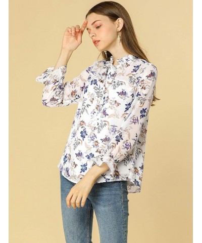 Women's Ruffle Collar 3/4 Sleeve Tie Neck Chiffon Floral Blouse Top White $13.72 Blouses