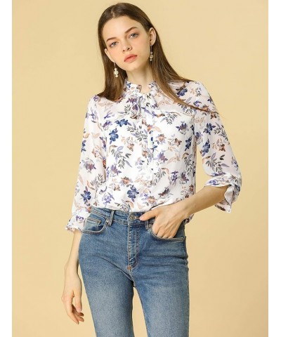 Women's Ruffle Collar 3/4 Sleeve Tie Neck Chiffon Floral Blouse Top White $13.72 Blouses