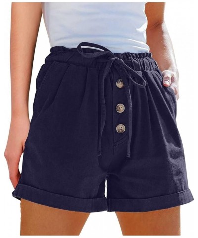 Womens Summer Casual Shorts High Waisted Short Pant Drawstring Cotton Shorts with Pockets Navyblue $14.78 Activewear