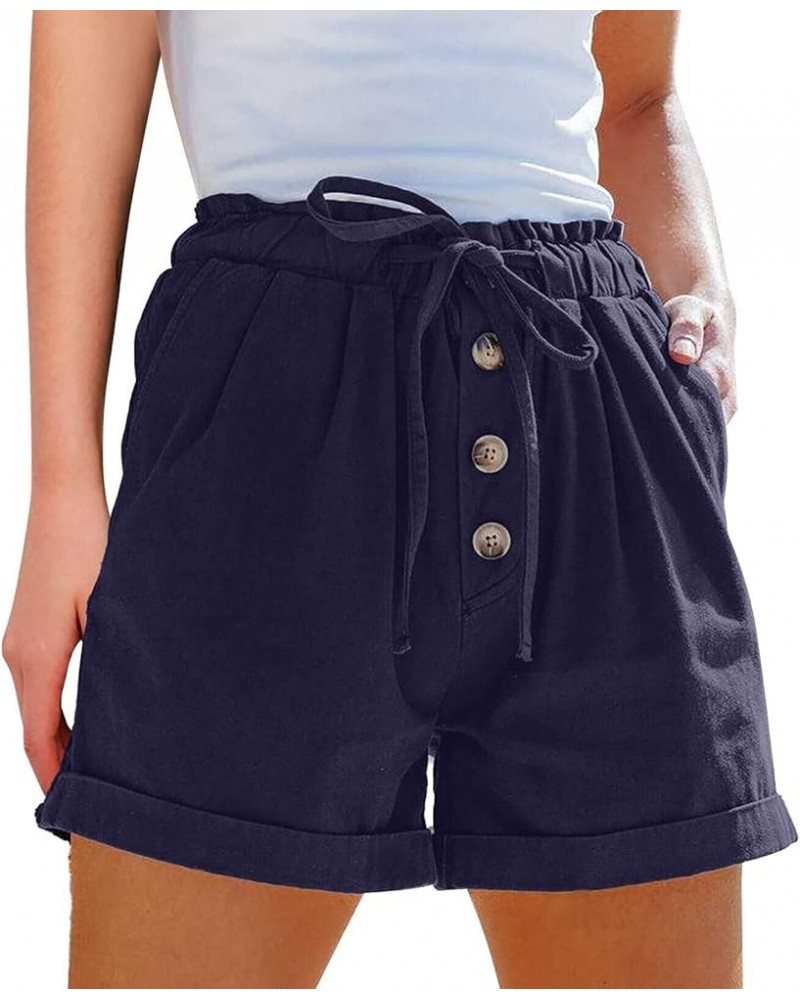 Womens Summer Casual Shorts High Waisted Short Pant Drawstring Cotton Shorts with Pockets Navyblue $14.78 Activewear