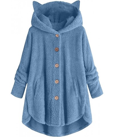 Cat Ear Hoodie Jacket for Women 2023 Casual Long Sleeve Solid Colored Womens Sherpa Cat Hooded jacket 05-sky Blue $16.19 Jackets