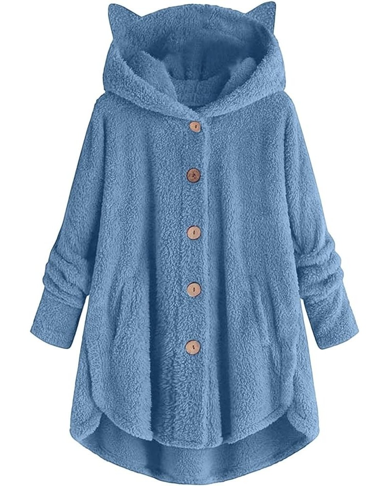 Cat Ear Hoodie Jacket for Women 2023 Casual Long Sleeve Solid Colored Womens Sherpa Cat Hooded jacket 05-sky Blue $16.19 Jackets