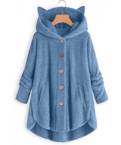 Cat Ear Hoodie Jacket for Women 2023 Casual Long Sleeve Solid Colored Womens Sherpa Cat Hooded jacket 05-sky Blue $16.19 Jackets