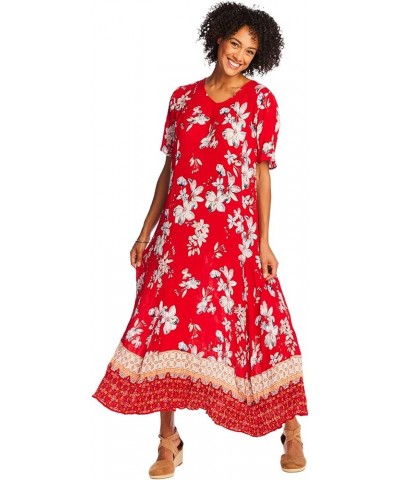 Women's Plus Size Short-Sleeve Crinkle Dress Vivid Red Bloom Flower $18.92 Dresses